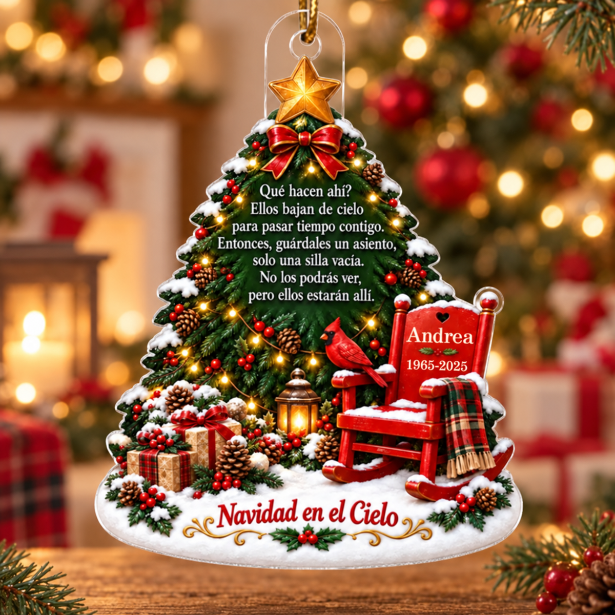 Personalized Spanish memorial acrylic Christmas ornament with a red rocking chair, cardinal, and holiday tree design against