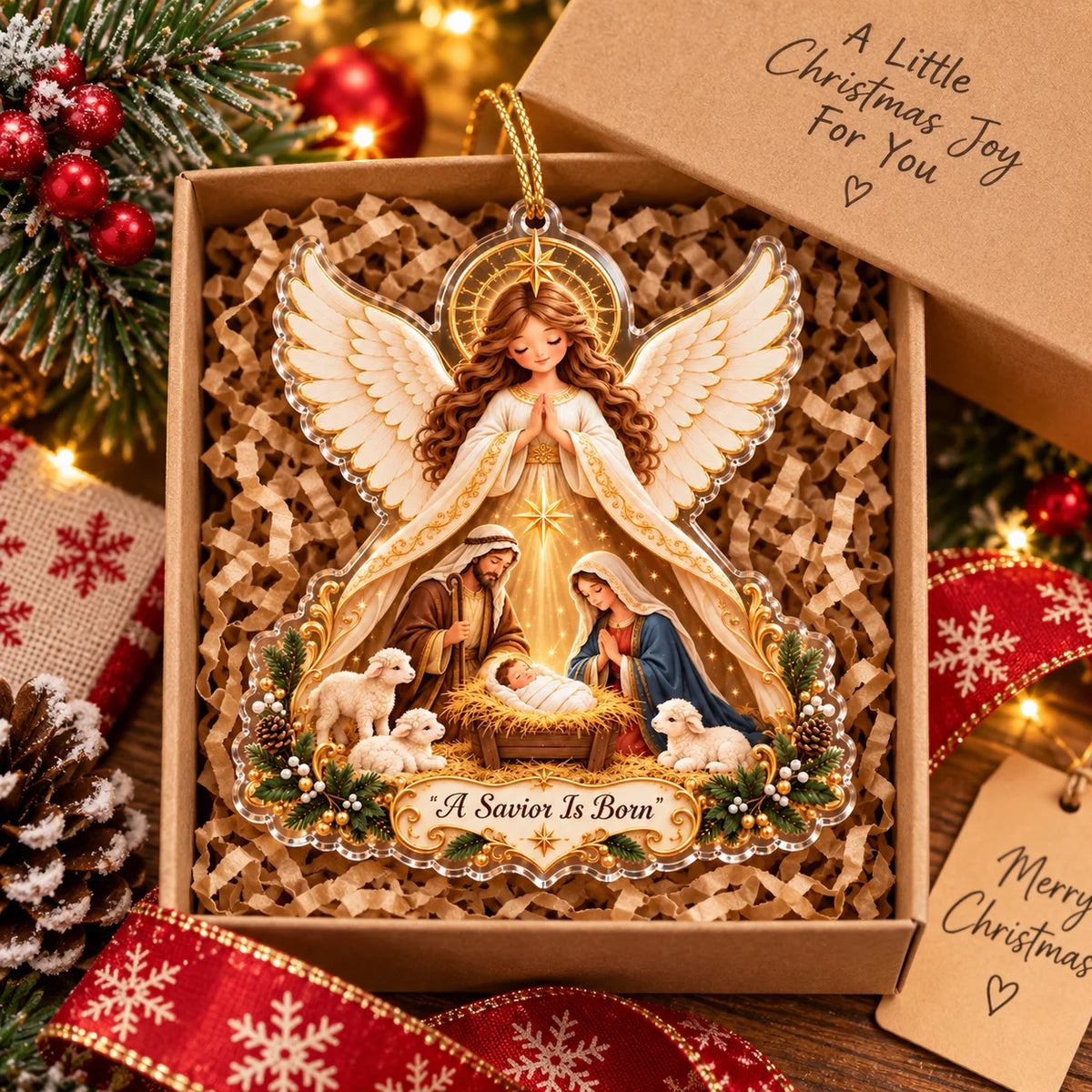 A Savior Is Born acrylic ornament inside an open gift box with tissue paper and a 'Merry Christmas' gift tag.