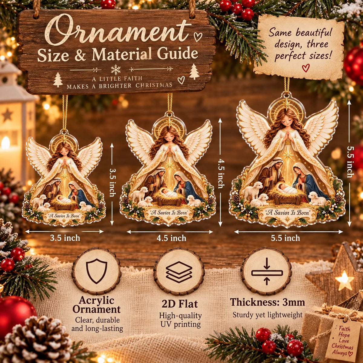 Three A Savior Is Born ornaments of varying sizes displayed together on a rustic wooden surface with text guides above.