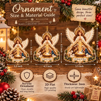 Three A Savior Is Born ornaments of varying sizes displayed together on a rustic wooden surface with text guides above.