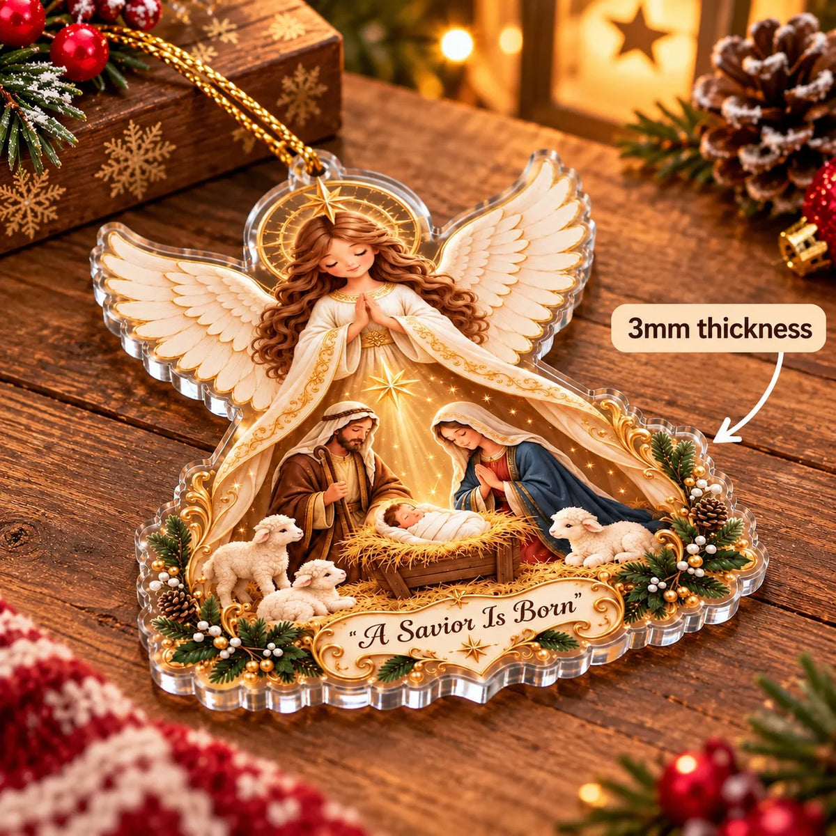 An angled view of the A Savior Is Born angel ornament resting on a wooden surface with a 3mm thickness callout arrow.