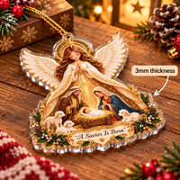 An angled view of the A Savior Is Born angel ornament resting on a wooden surface with a 3mm thickness callout arrow.