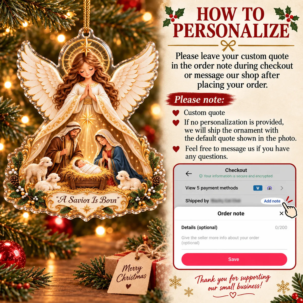 Instruction card showing how to personalize the A Savior Is Born ornament alongside the hanging acrylic decor on a wooden