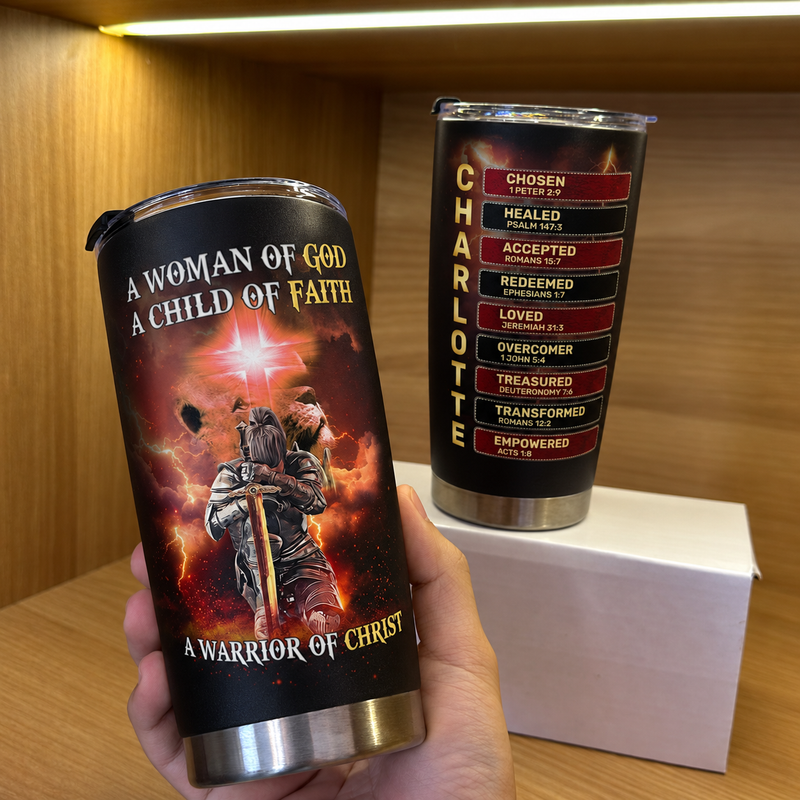 A Woman of God Child of Faith Warrior of Christ Christian Tumbler Personalized Gift for Women on a hanger, ready to ship from Austin, Texas