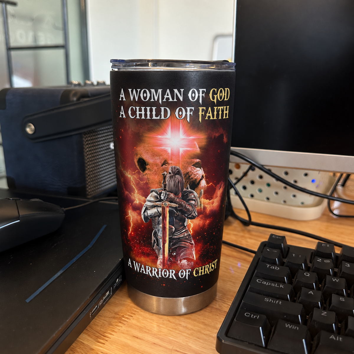 Close-up of A Woman of God Child of Faith Warrior of Christ Christian Tumbler Personalized Gift for Women for streetwear fans in Austin, Texas