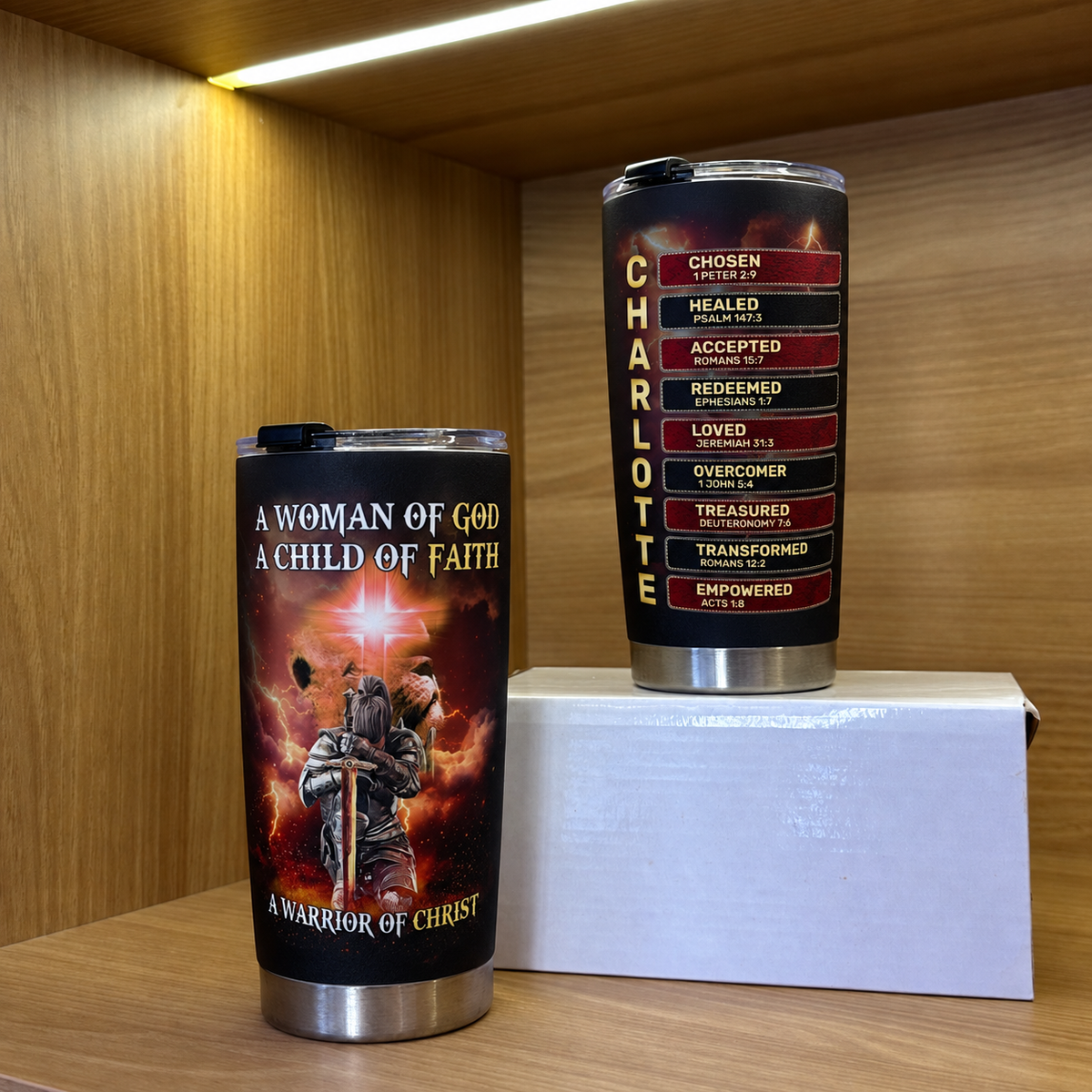 A Woman of God Child of Faith Warrior of Christ Christian Tumbler Personalized Gift for Women available at our Austin, Texas warehouse