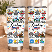 Two personalized insulated stainless steel tumblers showing 2026 milestone designs.