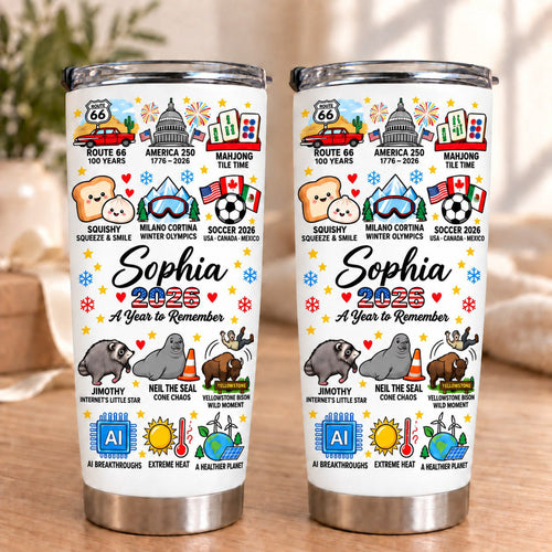 Two personalized insulated stainless steel tumblers showing 2026 milestone designs.