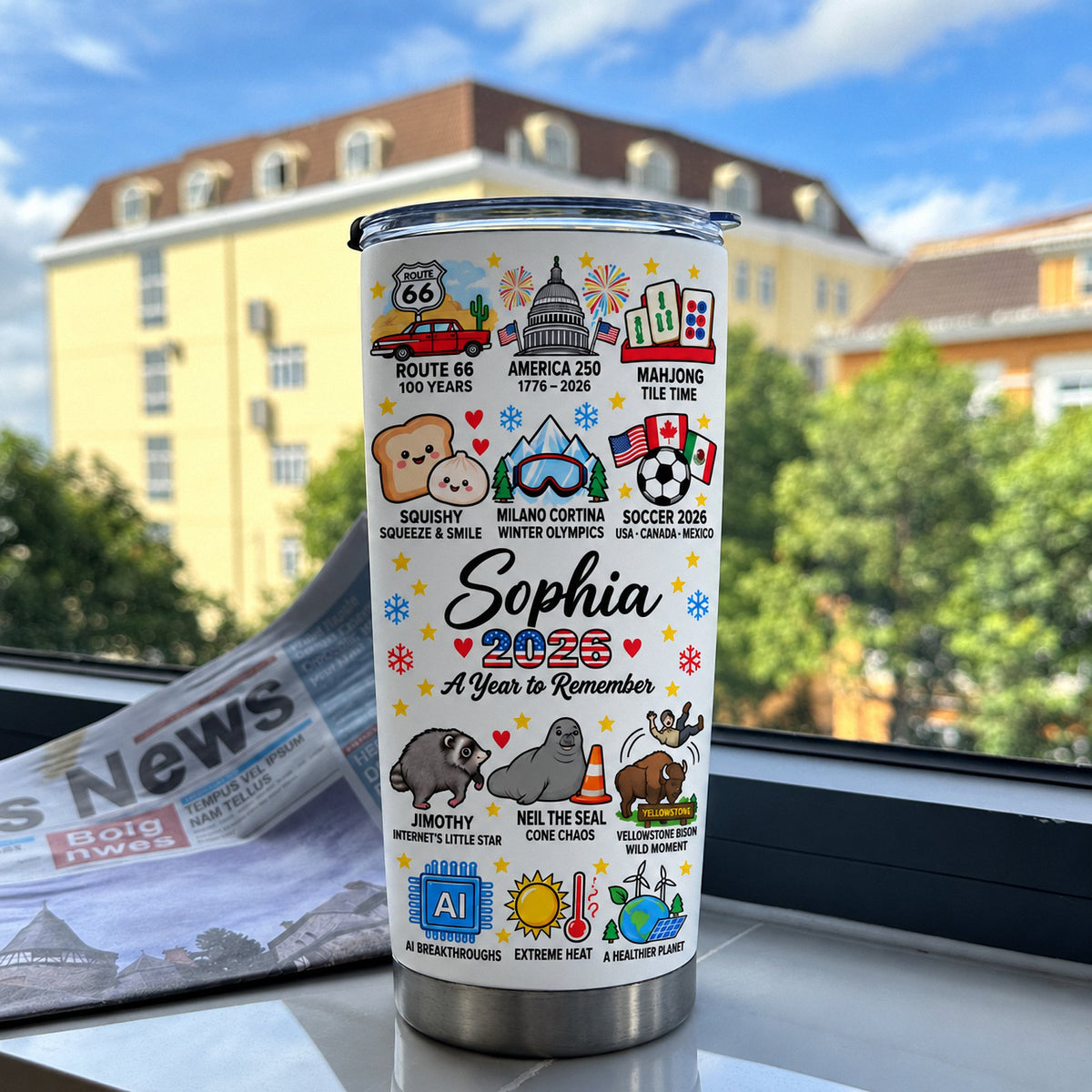 Insulated stainless steel tumbler upright on a ledge overlooking a sunny building.