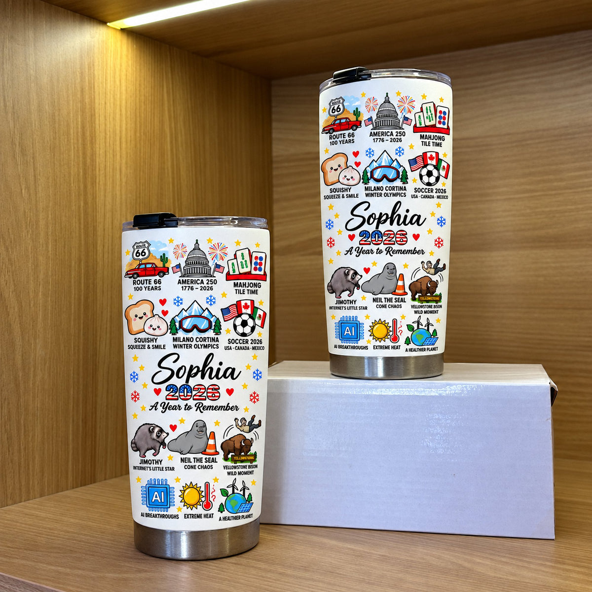 Two custom name drinkware tumblers displayed on wooden shelves in a retail setting.