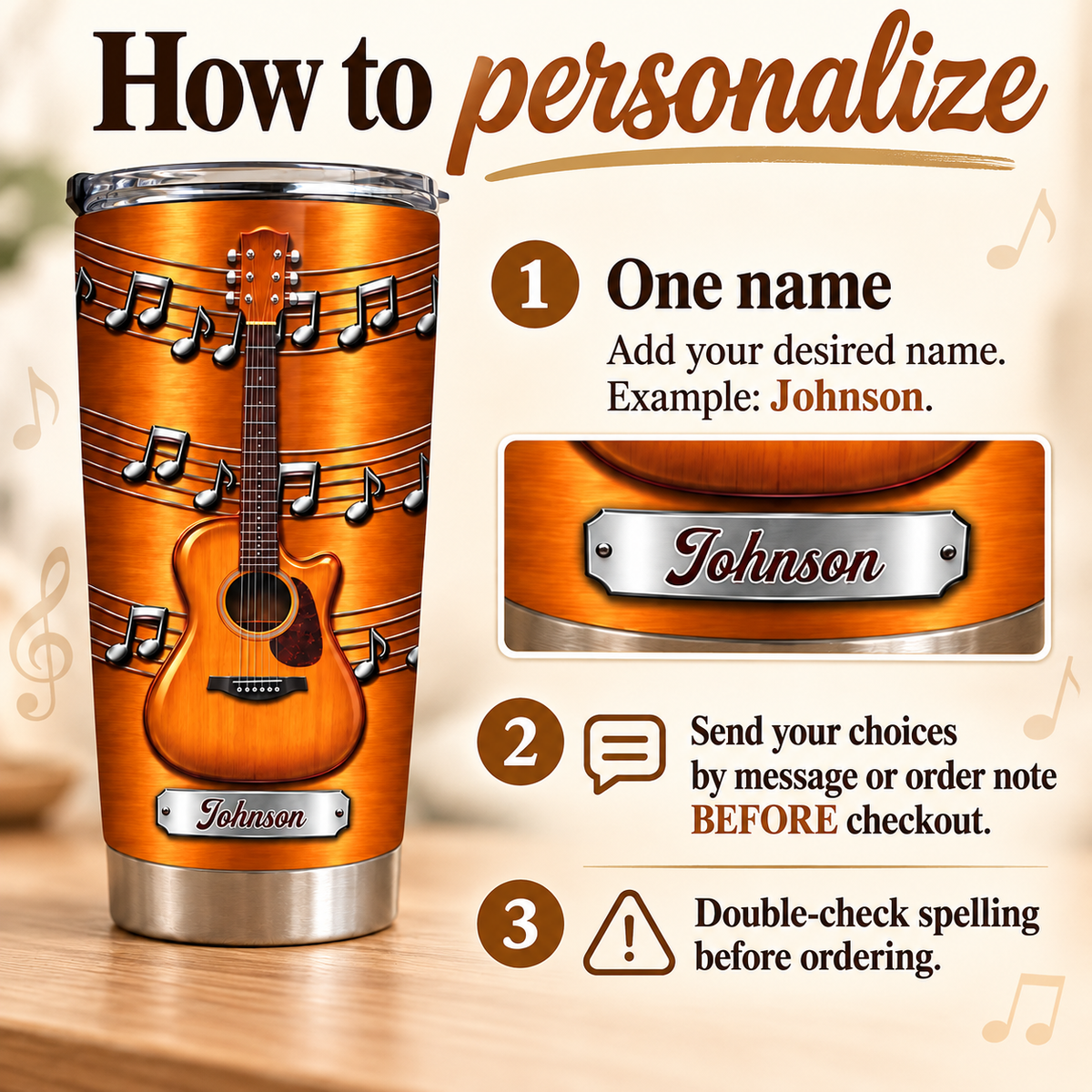 Personalized Acoustic Guitar Music Tumbler Custom Name Guitarist Gift - personalization guide