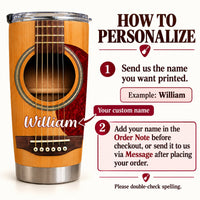 Instruction graphic showing how to personalize the Acoustic Guitar Tumbler Personalized with a custom name in order notes.