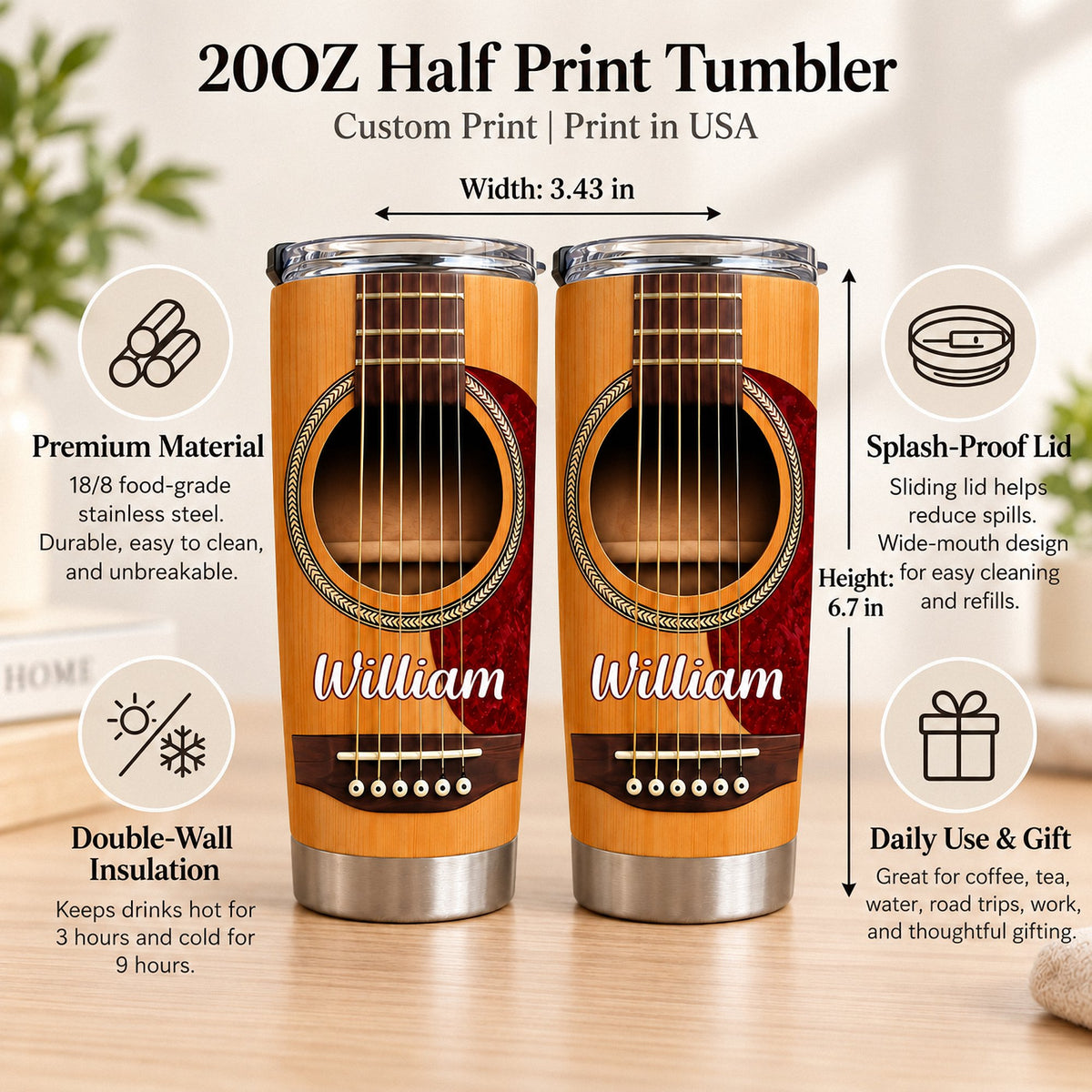 Acoustic Guitar Tumbler Personalized with a realistic wood grain guitar print, sound hole, strings, and custom name William.