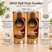 Acoustic Guitar Tumbler Personalized with a realistic wood grain guitar print, sound hole, strings, and custom name William.