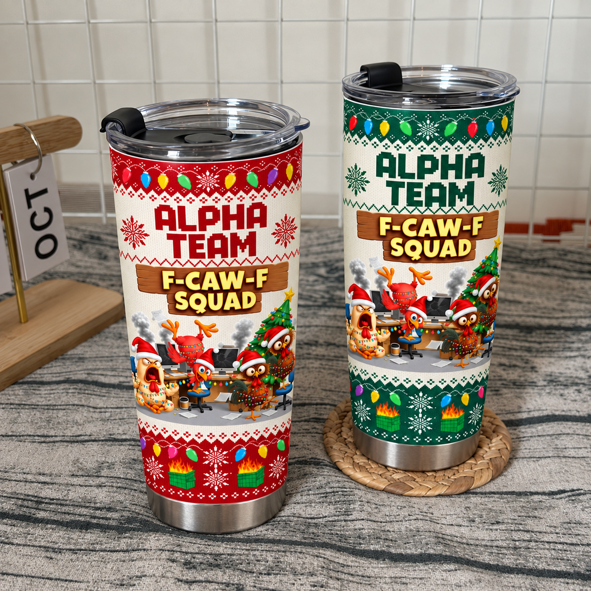 Two stainless steel tumblers with ugly Christmas sweater chicken design standing on a textured surface.