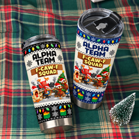 Two stainless steel tumblers with office chicken meme design resting on a plaid fabric background.