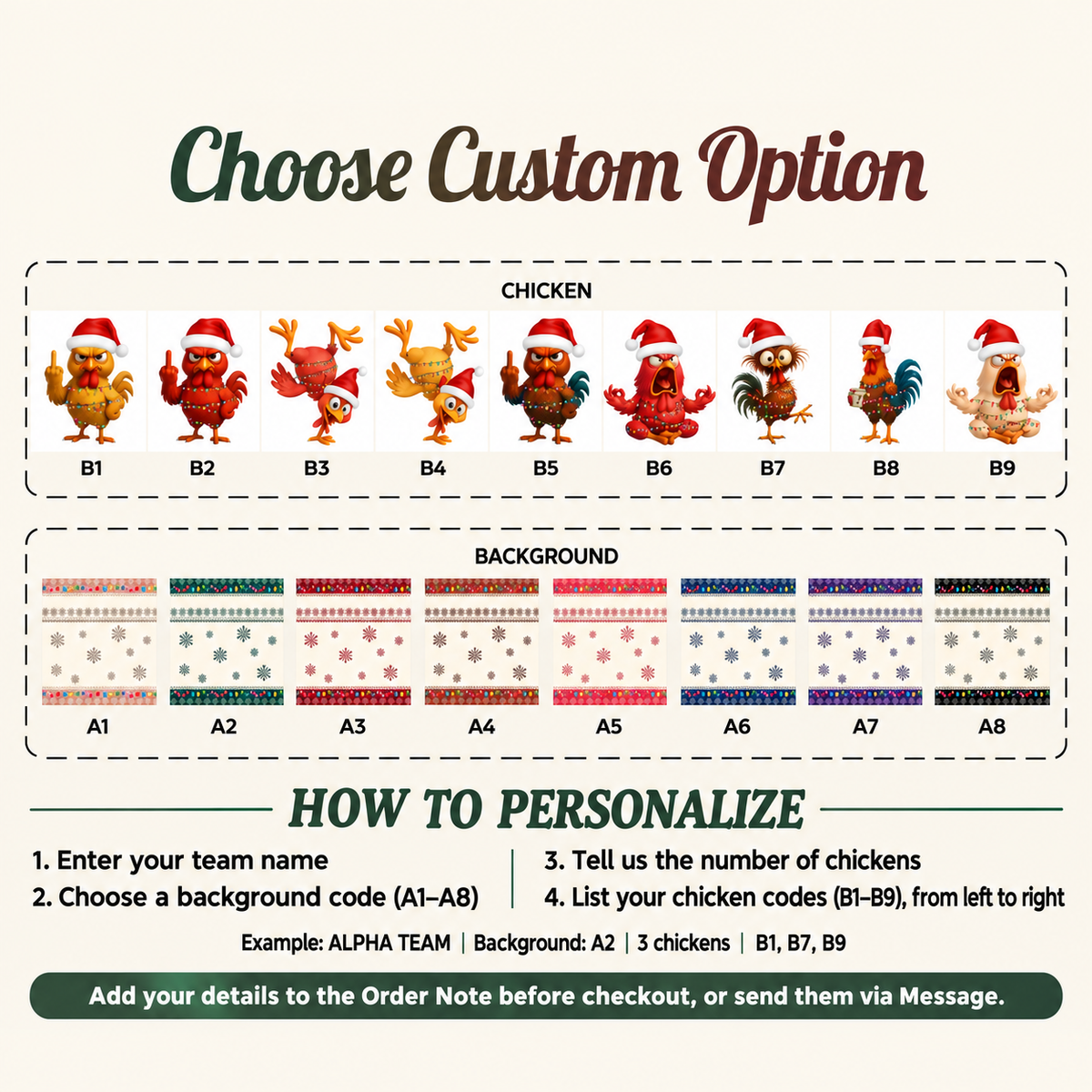 Instruction graphic showing custom options for chicken characters and sweater backgrounds for a tumbler.