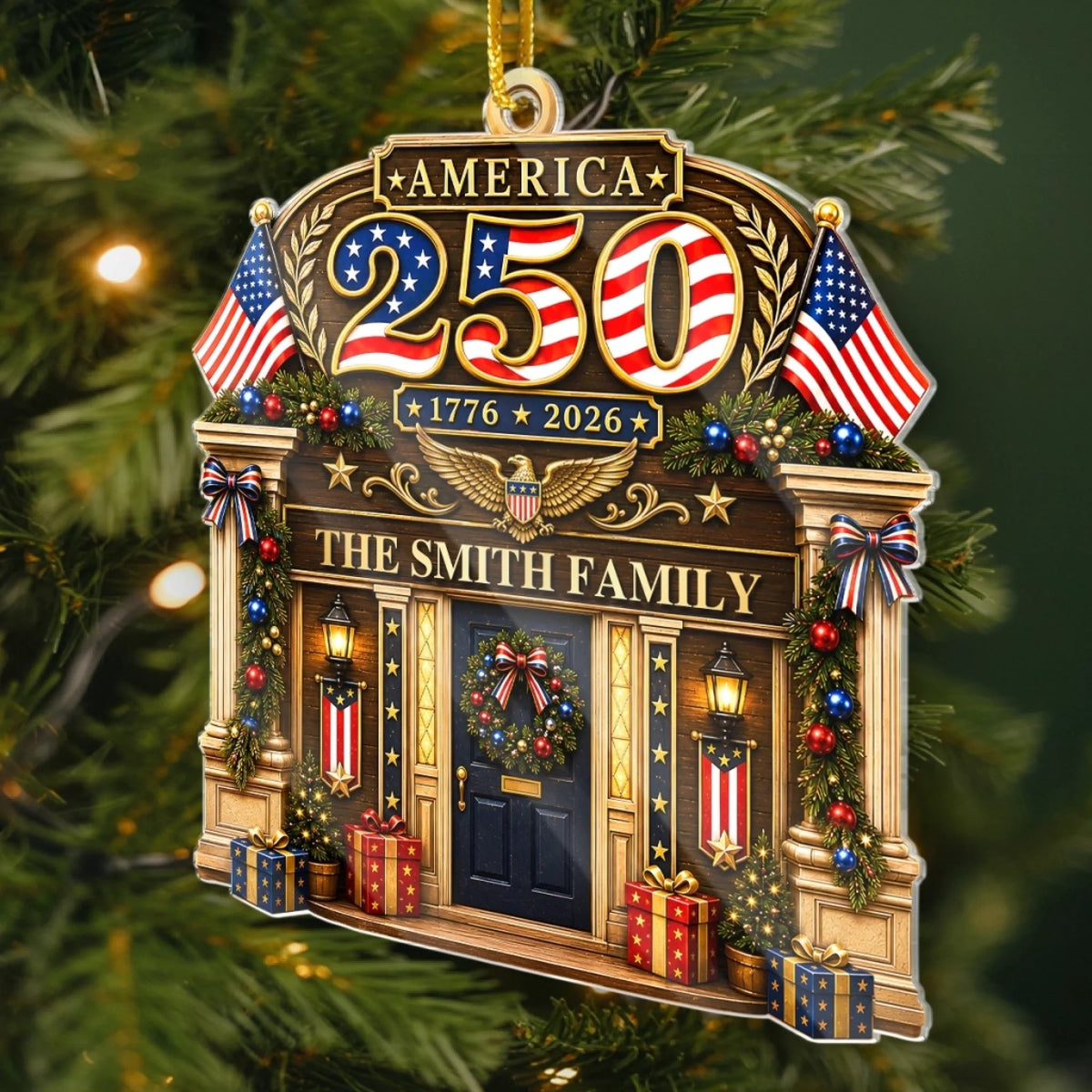 Customer in Austin, Texas wearing America 250 1776 2026 Christmas Ornament, Patriotic USA 250th Anniversary Keepsake Gift