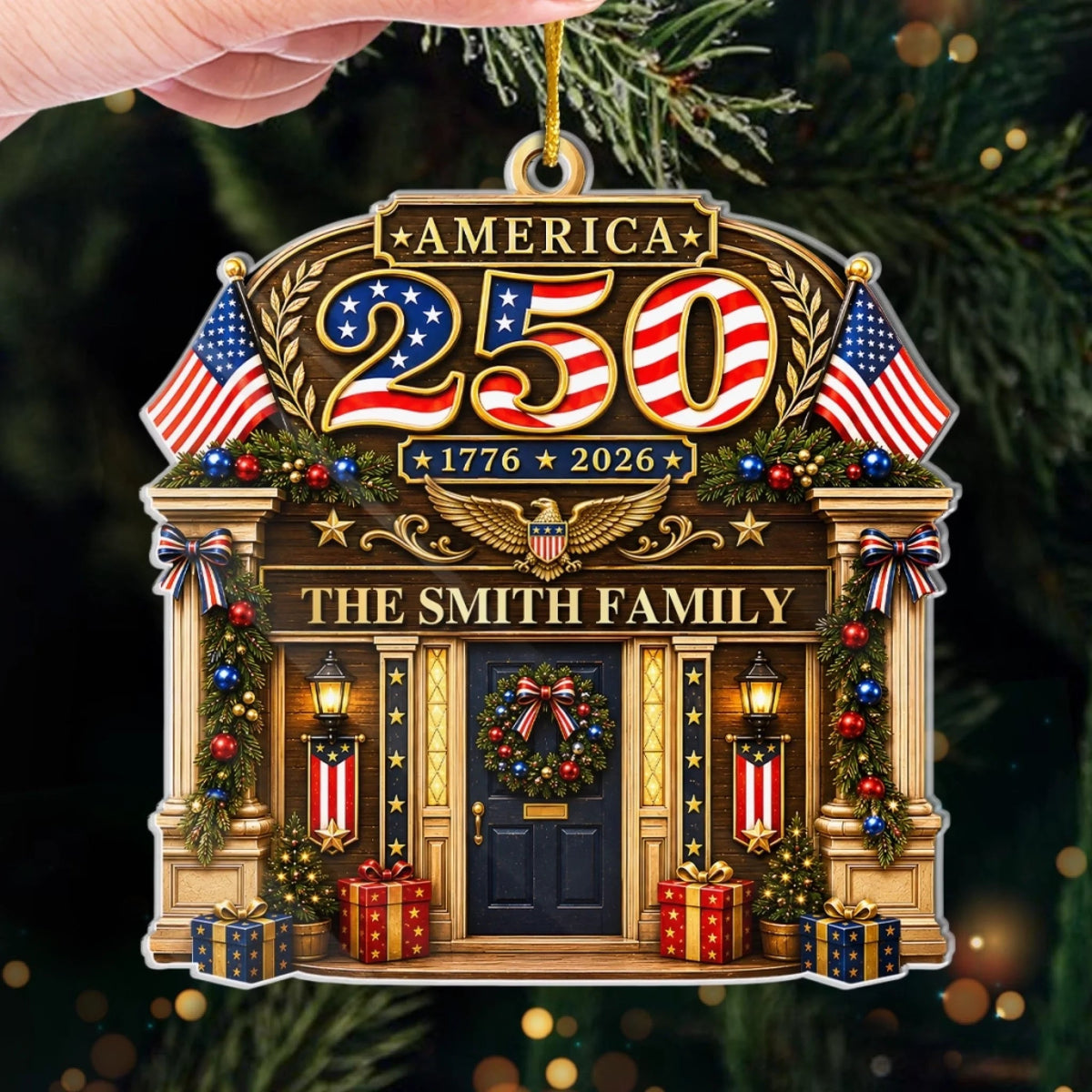 Close-up of America 250 1776 2026 Christmas Ornament, Patriotic USA 250th Anniversary Keepsake Gift for streetwear fans in Austin, Texas