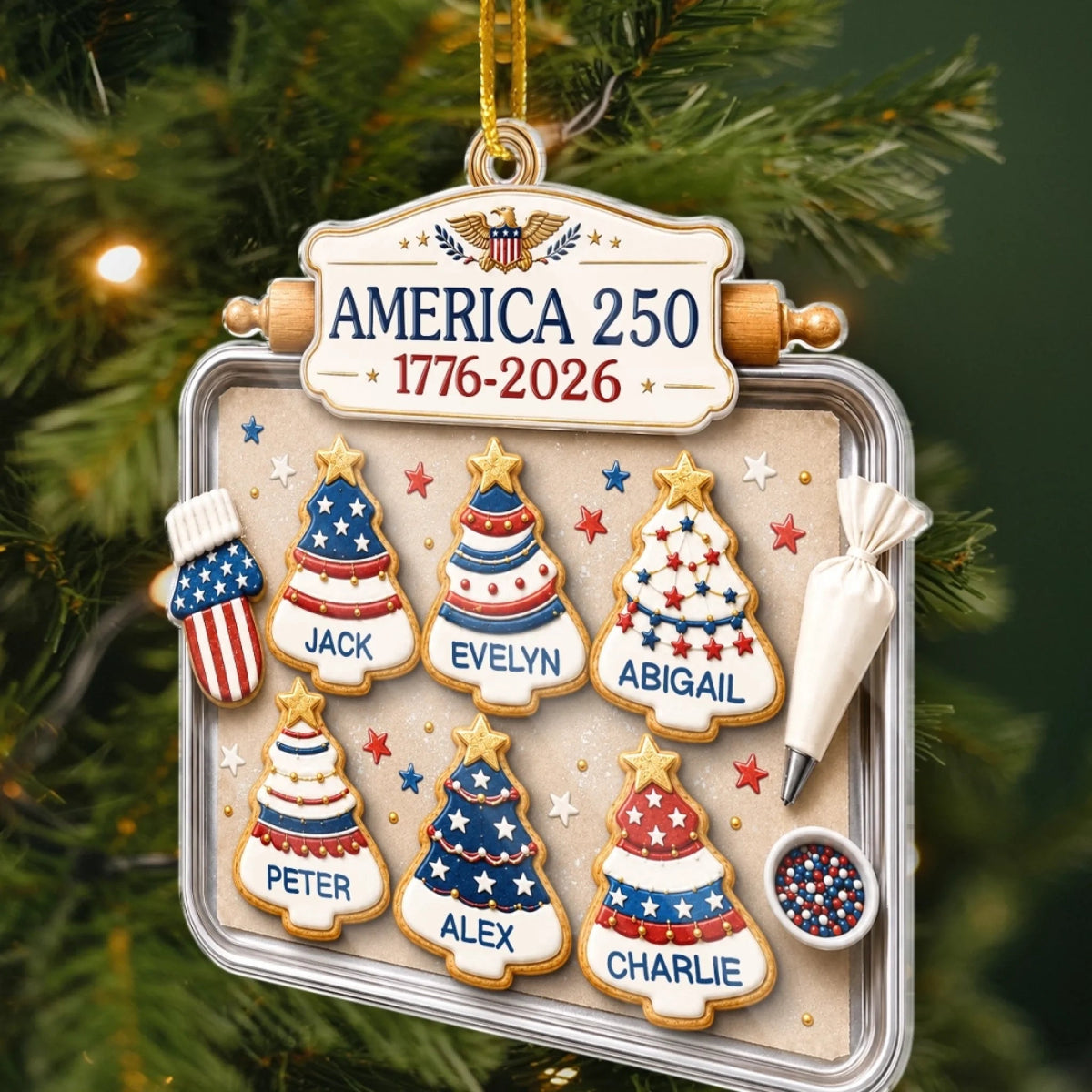 America 250 1776-2026 Ornament, Custom Name Patriotic Christmas Cookie Gift, Personalized Family Hol on a hanger, ready to ship from Austin, Texas