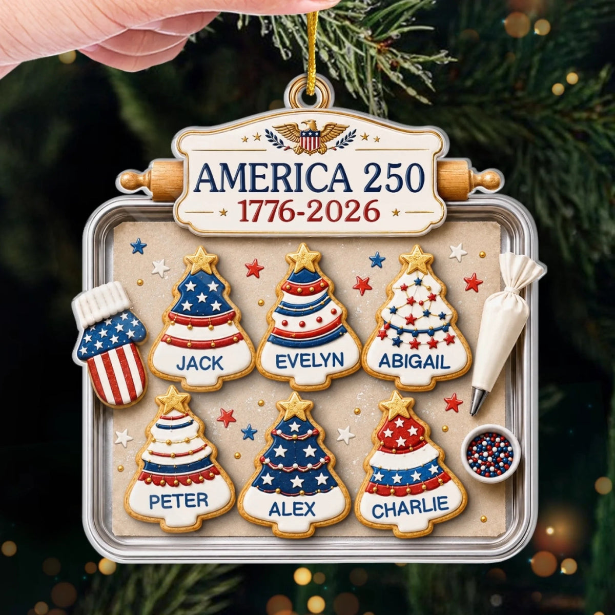 Customer in Austin, Texas wearing America 250 1776-2026 Ornament, Custom Name Patriotic Christmas Cookie Gift, Personalized Family Hol