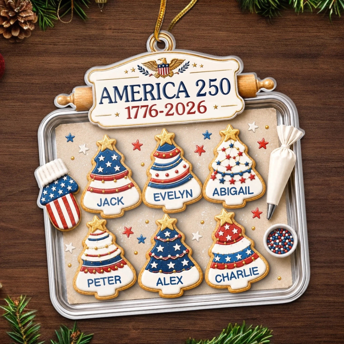 Close-up of America 250 1776-2026 Ornament, Custom Name Patriotic Christmas Cookie Gift, Personalized Family Hol for streetwear fans in Austin, Texas