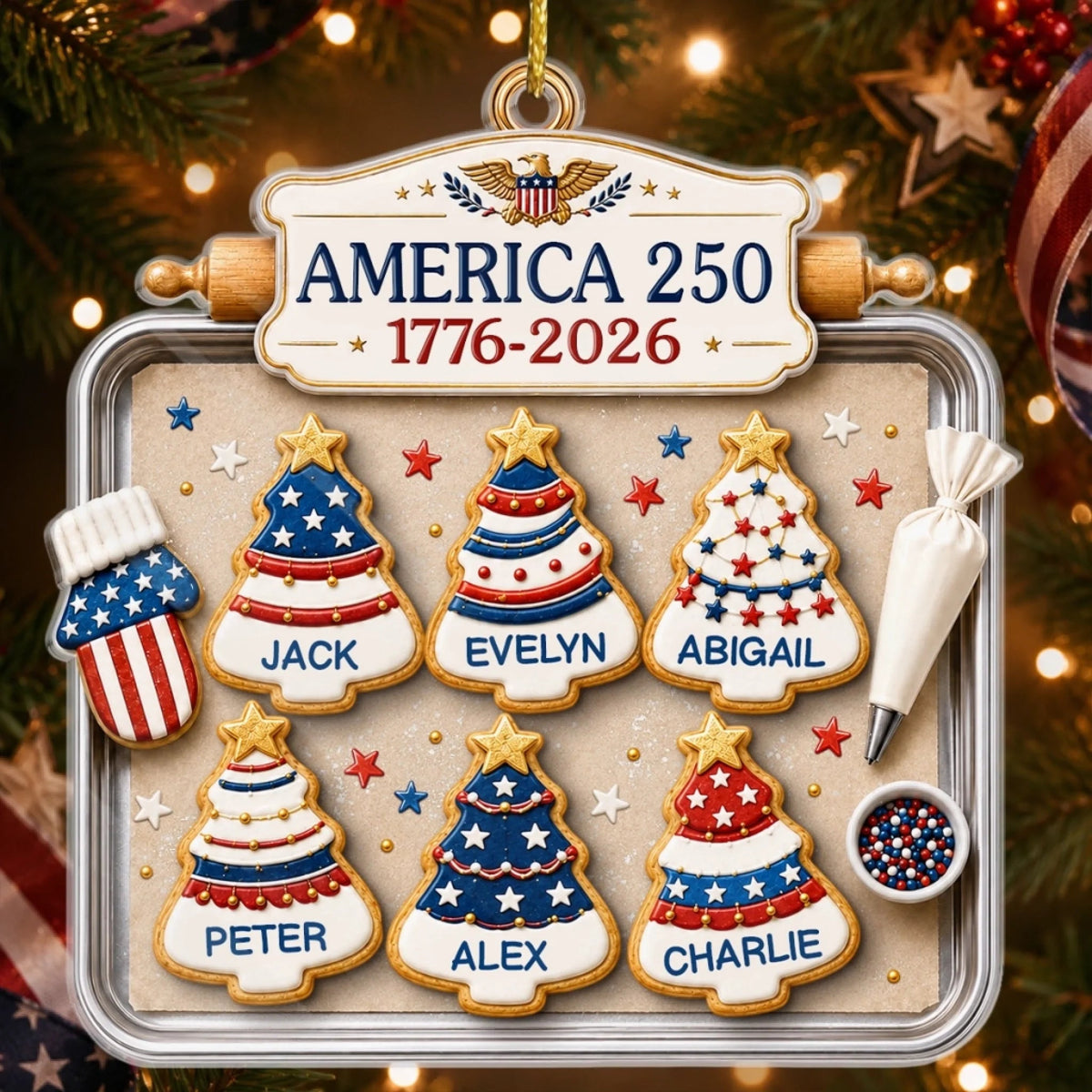 America 250 1776-2026 Ornament, Custom Name Patriotic Christmas Cookie Gift, Personalized Family Hol available at our Austin, Texas warehouse