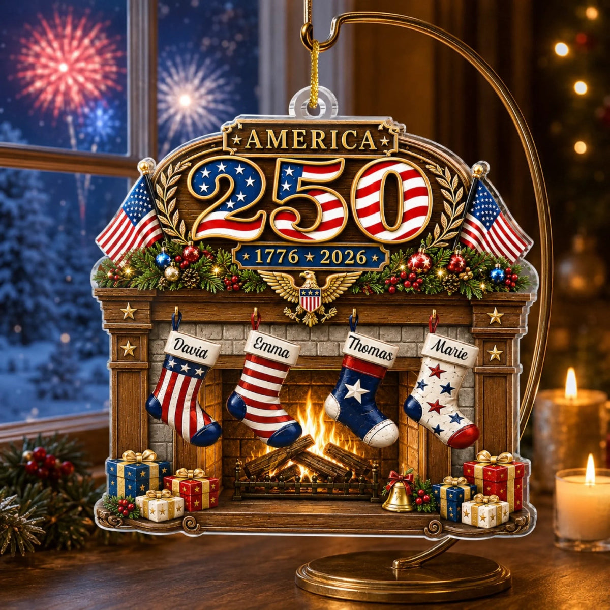 America 250 1776-2026 Personalized Family Stocking Ornament Semiquincentennial Commemorative Gift on a hanger, ready to ship from Austin, Texas