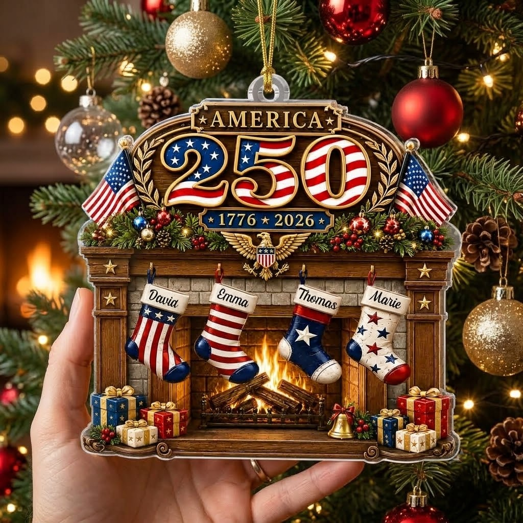Customer in Austin, Texas wearing America 250 1776-2026 Personalized Family Stocking Ornament Semiquincentennial Commemorative Gift