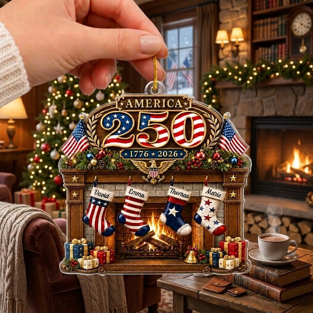 Customer in Austin, Texas wearing America 250 1776-2026 Personalized Family Stocking Ornament Semiquincentennial Commemorative Gift
