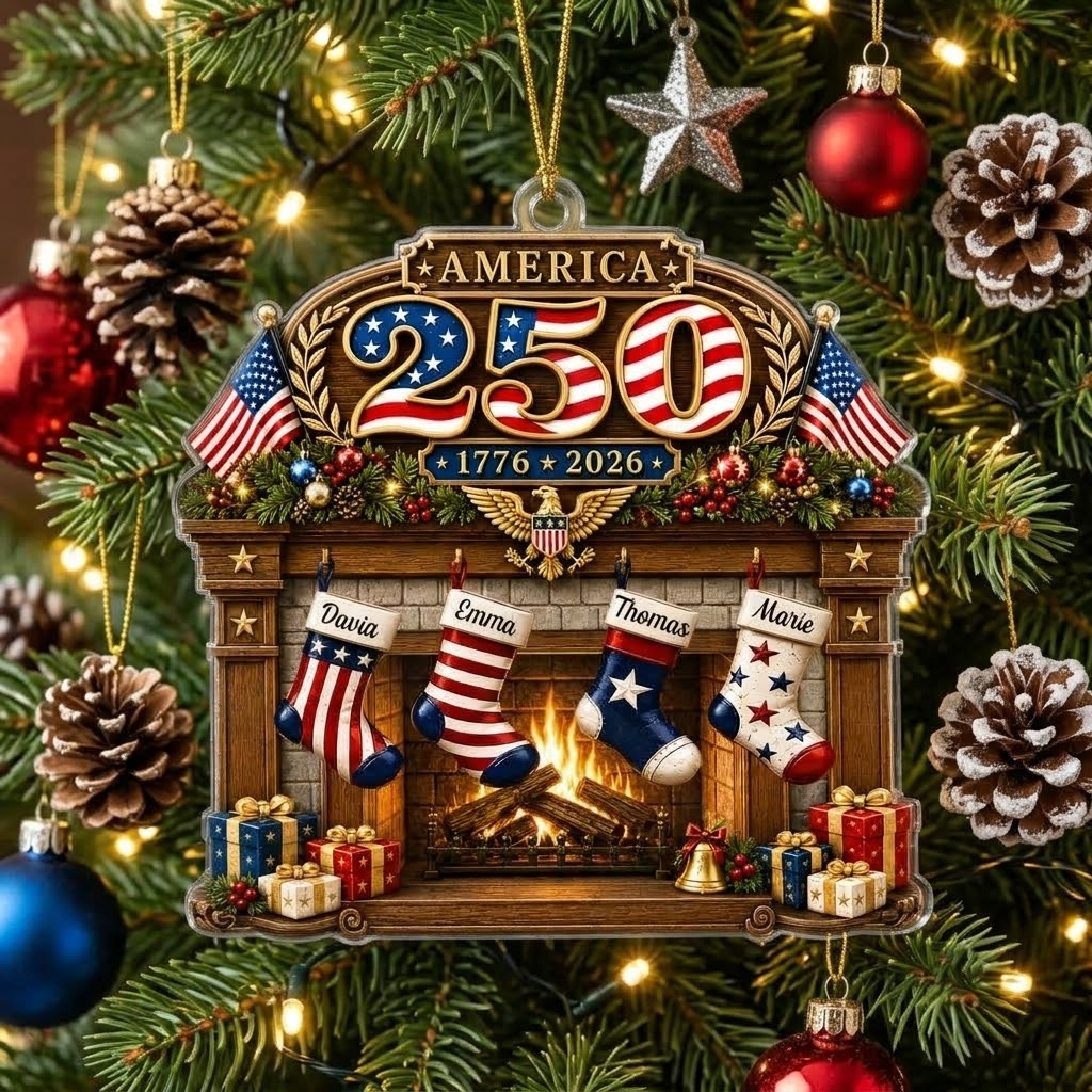 America 250 1776-2026 Personalized Family Stocking Ornament Semiquincentennial Commemorative Gift available at our Austin, Texas warehouse