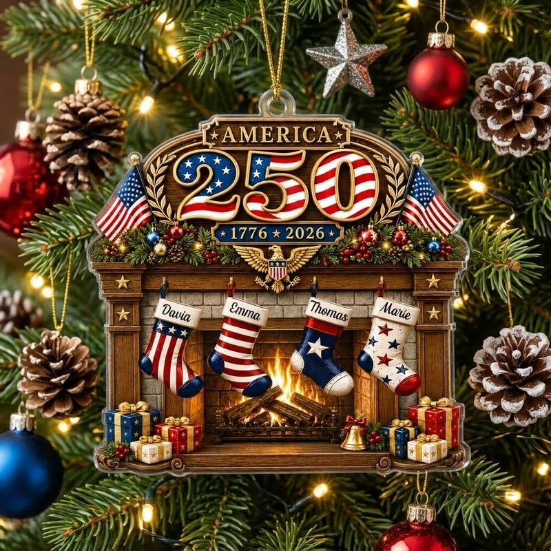 America 250 1776-2026 Personalized Family Stocking Ornament Semiquincentennial Commemorative Gift available at our Austin, Texas warehouse