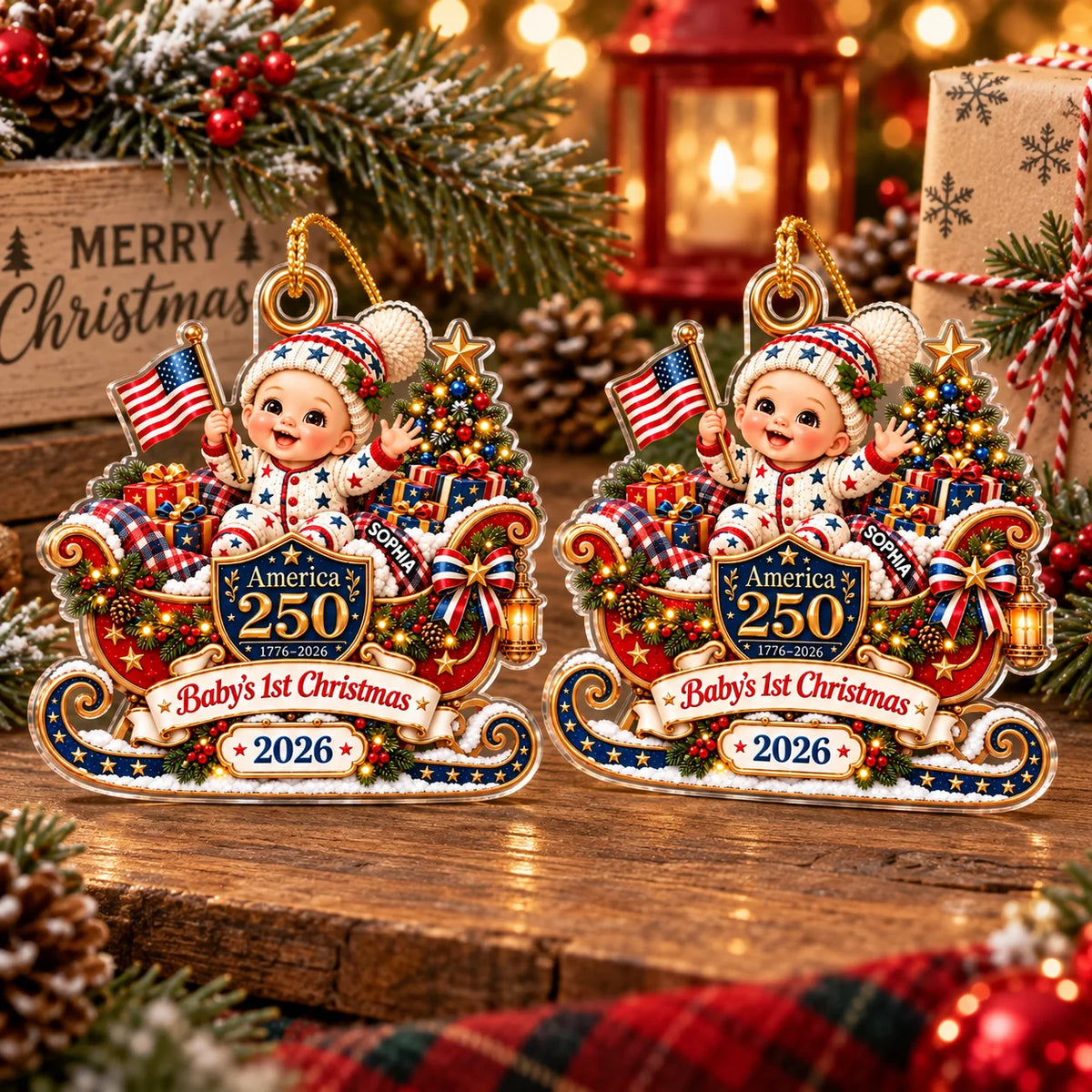 Two America 250 baby's first Christmas ornaments displayed side by side against a warm, twinkling Christmas tree background.