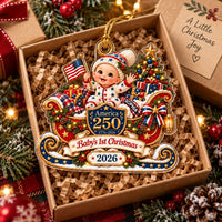 America 250 baby's first Christmas ornament packed neatly inside a festive brown gift box with holiday tissue paper.