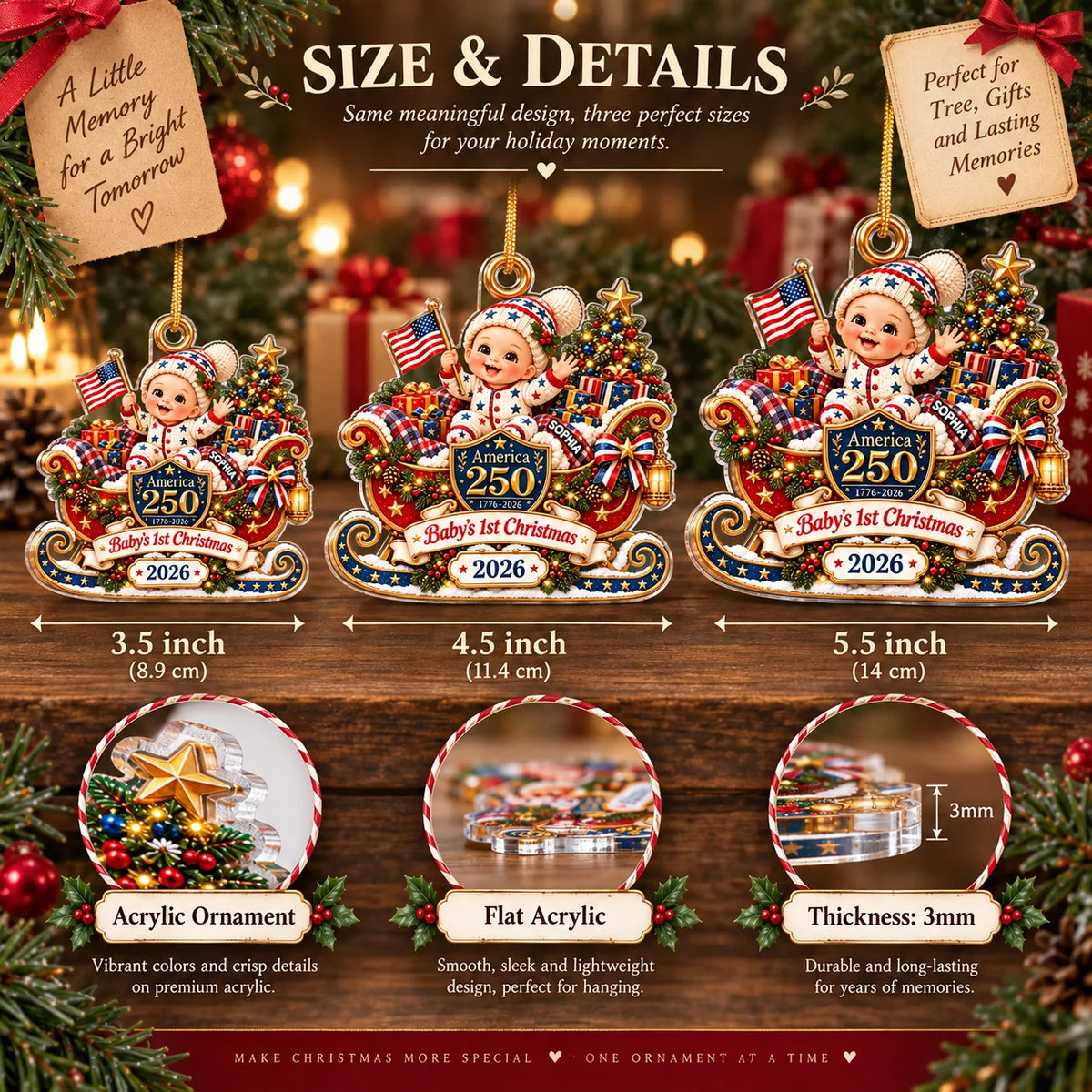 Size and details chart showing three America 250 baby's first Christmas ornaments in different dimensions with product specs.