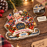 Close-up view of the 3mm thick clear flat acrylic baby's first Christmas ornament showing smooth edges and vivid print.