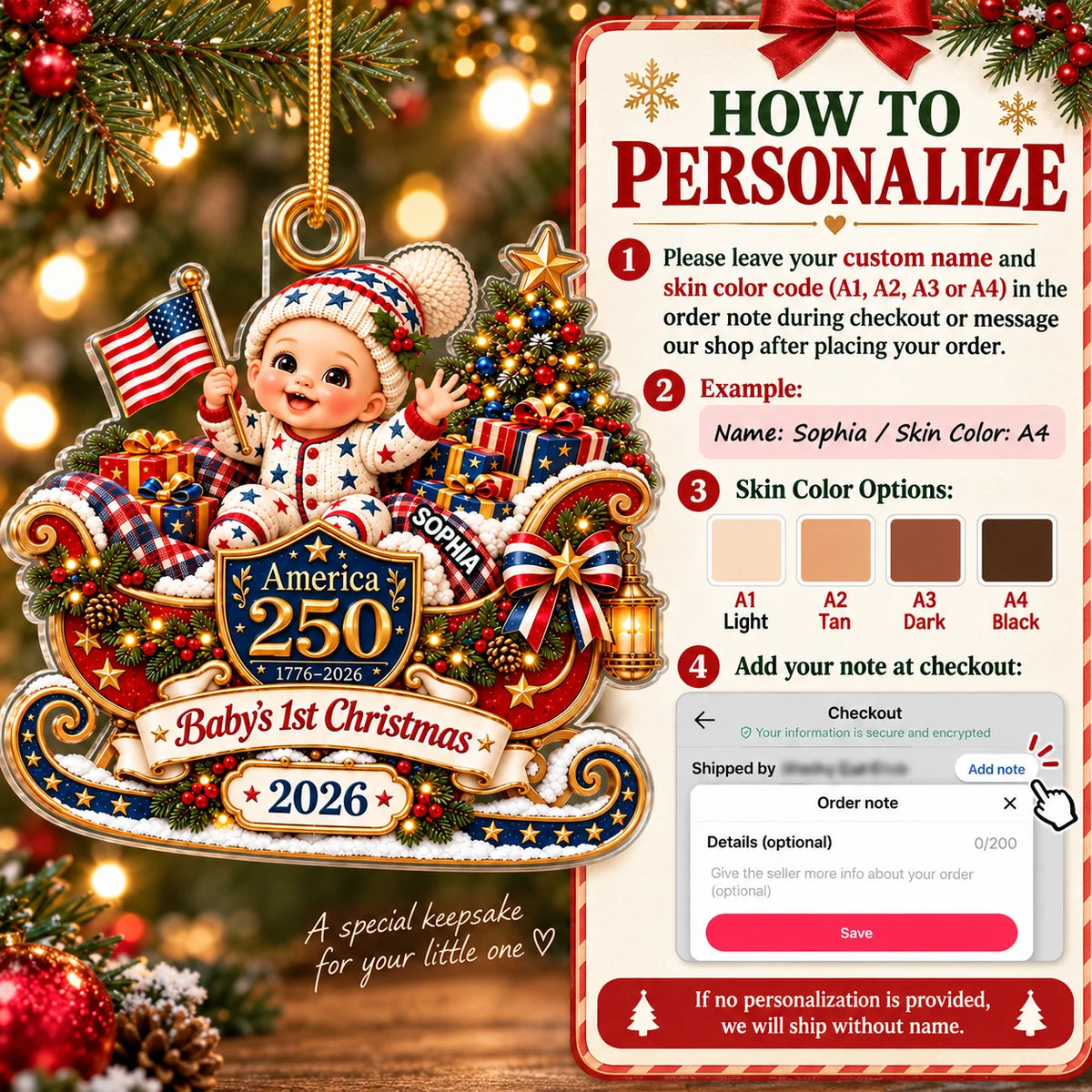 Personalization instruction graphic showing skin color options and checkout note steps for the America 250 baby ornament.
