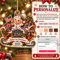 Personalization instruction graphic showing skin color options and checkout note steps for the America 250 baby ornament.