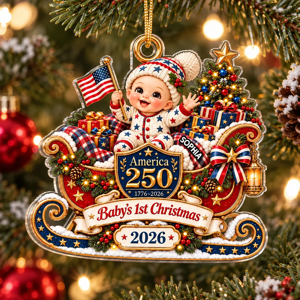 America 250 baby's first Christmas acrylic ornament hanging on a pine tree with a baby in patriotic outfit holding a US flag.