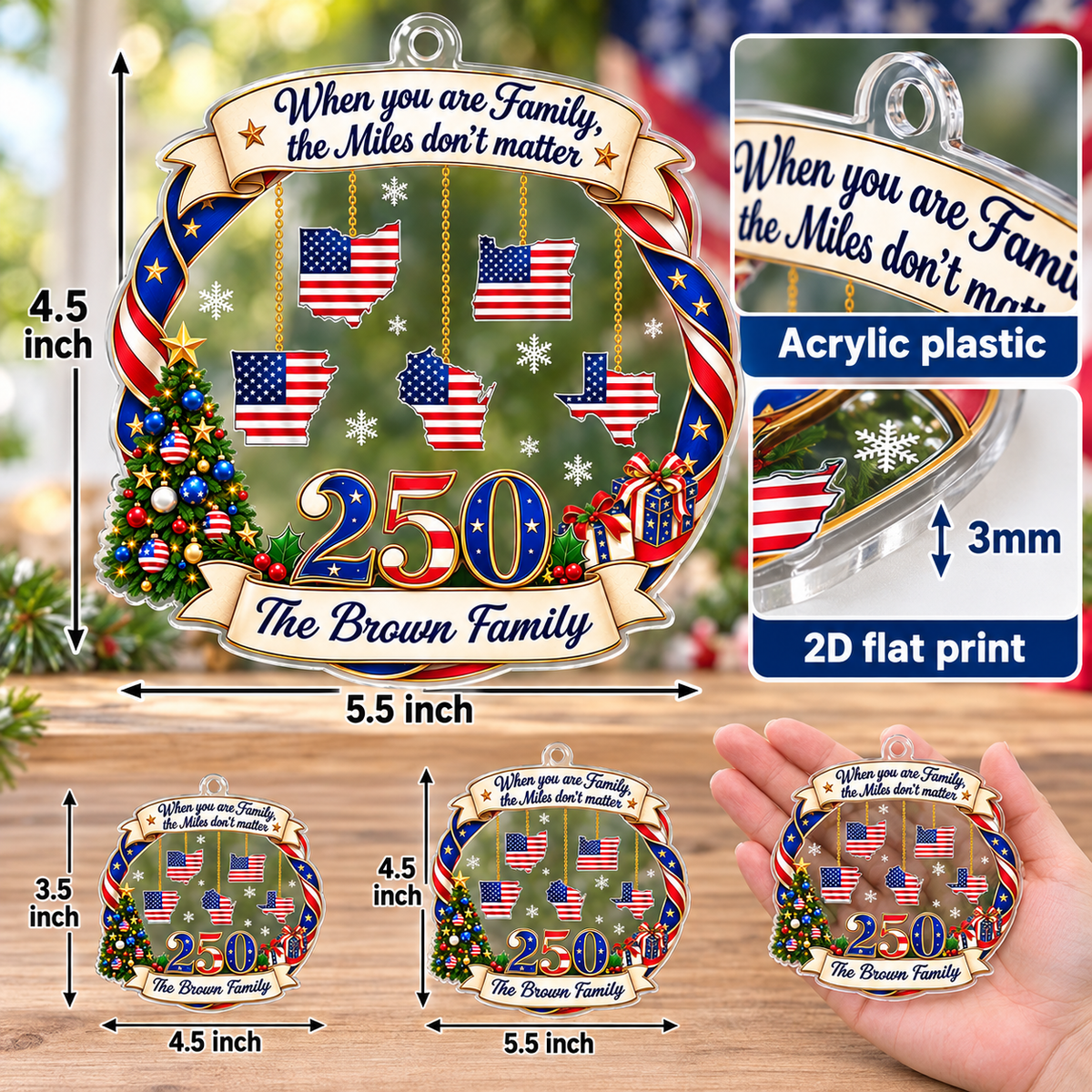 Personalized America 250 Family State Ornament Long Distance Christmas Gift - product view 6