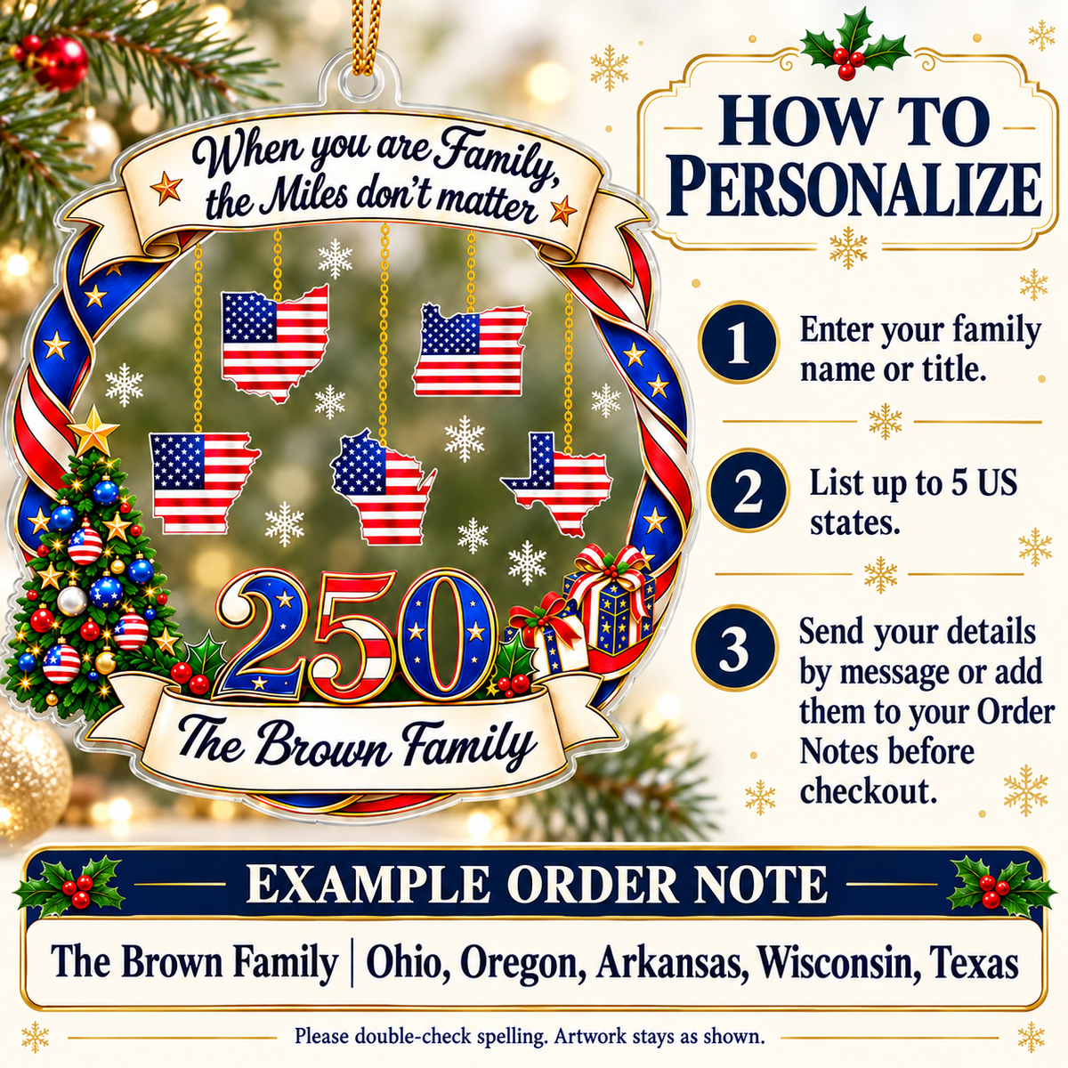 Personalized America 250 Family State Ornament Long Distance Christmas Gift - personalization options and ordering guide