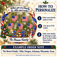 Personalized America 250 Family State Ornament Long Distance Christmas Gift - personalization options and ordering guide