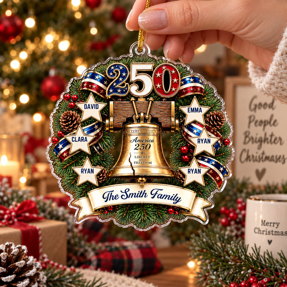 America 250 Liberty and Freedom Personalized Christmas Ornament Patriotic Family Gift on a hanger, ready to ship from Austin, Texas