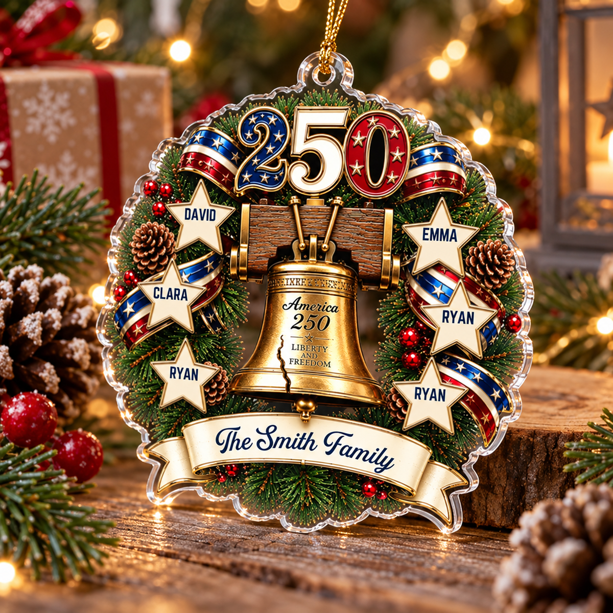 Customer in Austin, Texas wearing America 250 Liberty and Freedom Personalized Christmas Ornament Patriotic Family Gift