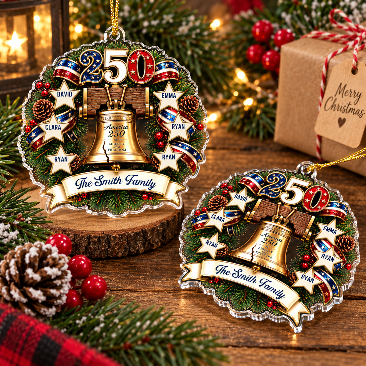 Close-up of America 250 Liberty and Freedom Personalized Christmas Ornament Patriotic Family Gift for streetwear fans in Austin, Texas
