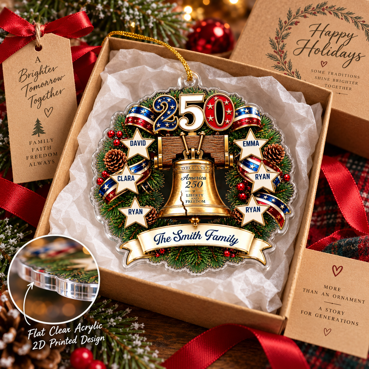 Customer in Austin, Texas wearing America 250 Liberty and Freedom Personalized Christmas Ornament Patriotic Family Gift