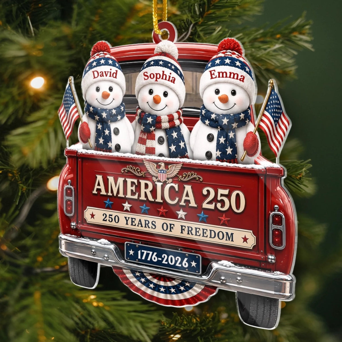 Close-up of America 250 Ornament 250 Years of Freedom 1776-2026 Patriotic Snowman Truck Christmas Keepsake Gift for streetwear fans in Austin, Texas