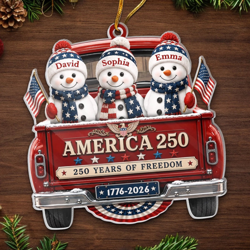 America 250 Ornament 250 Years of Freedom 1776-2026 Patriotic Snowman Truck Christmas Keepsake Gift available at our Austin, Texas warehouse