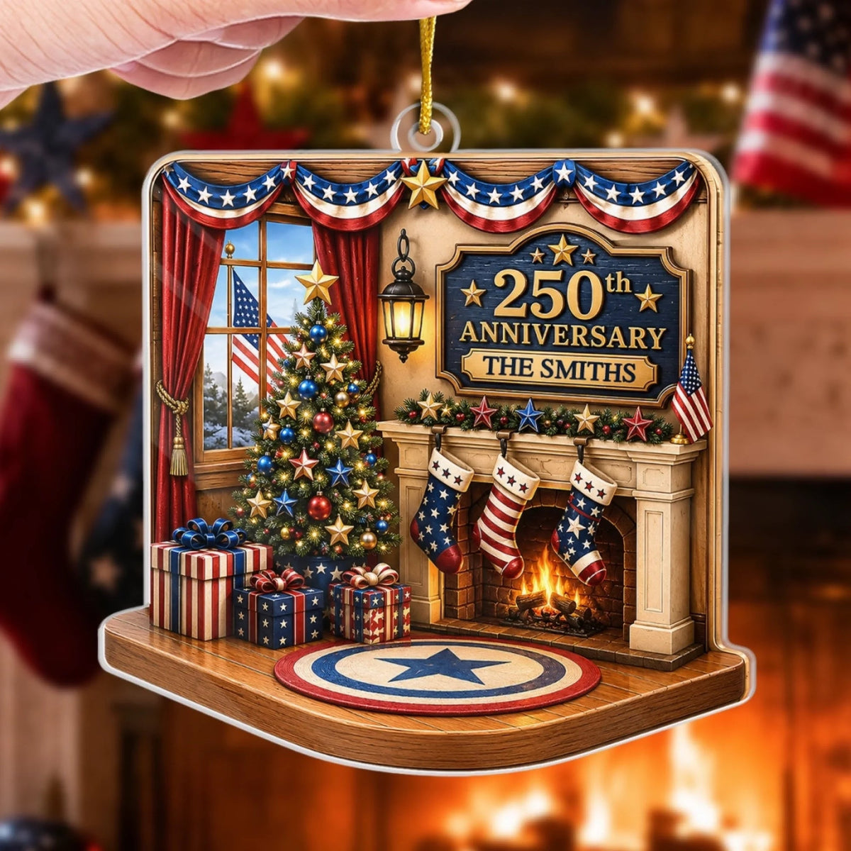 America 250th Anniversary Acrylic Ornament, Personalized Family Name Patriotic Christmas Holiday Dec on a hanger, ready to ship from Austin, Texas