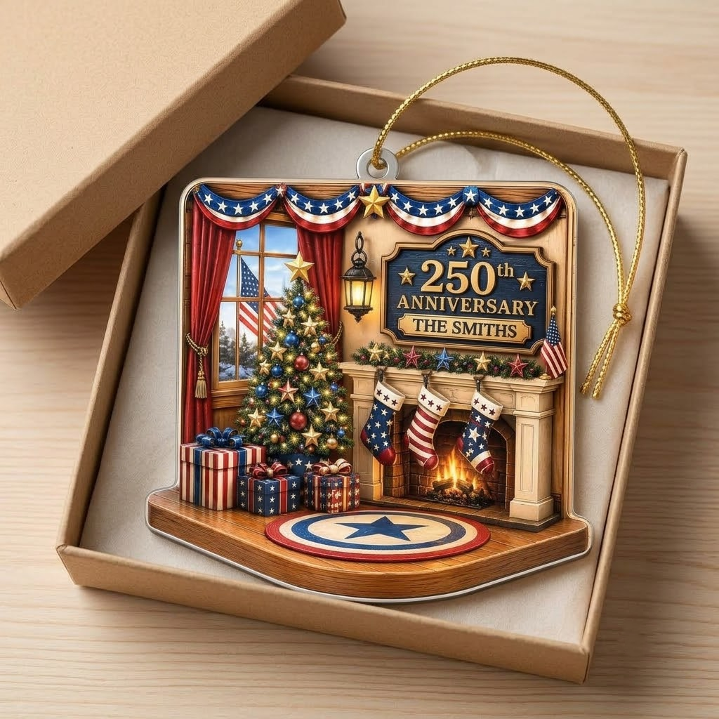 Customer in Austin, Texas wearing America 250th Anniversary Acrylic Ornament, Personalized Family Name Patriotic Christmas Holiday Dec